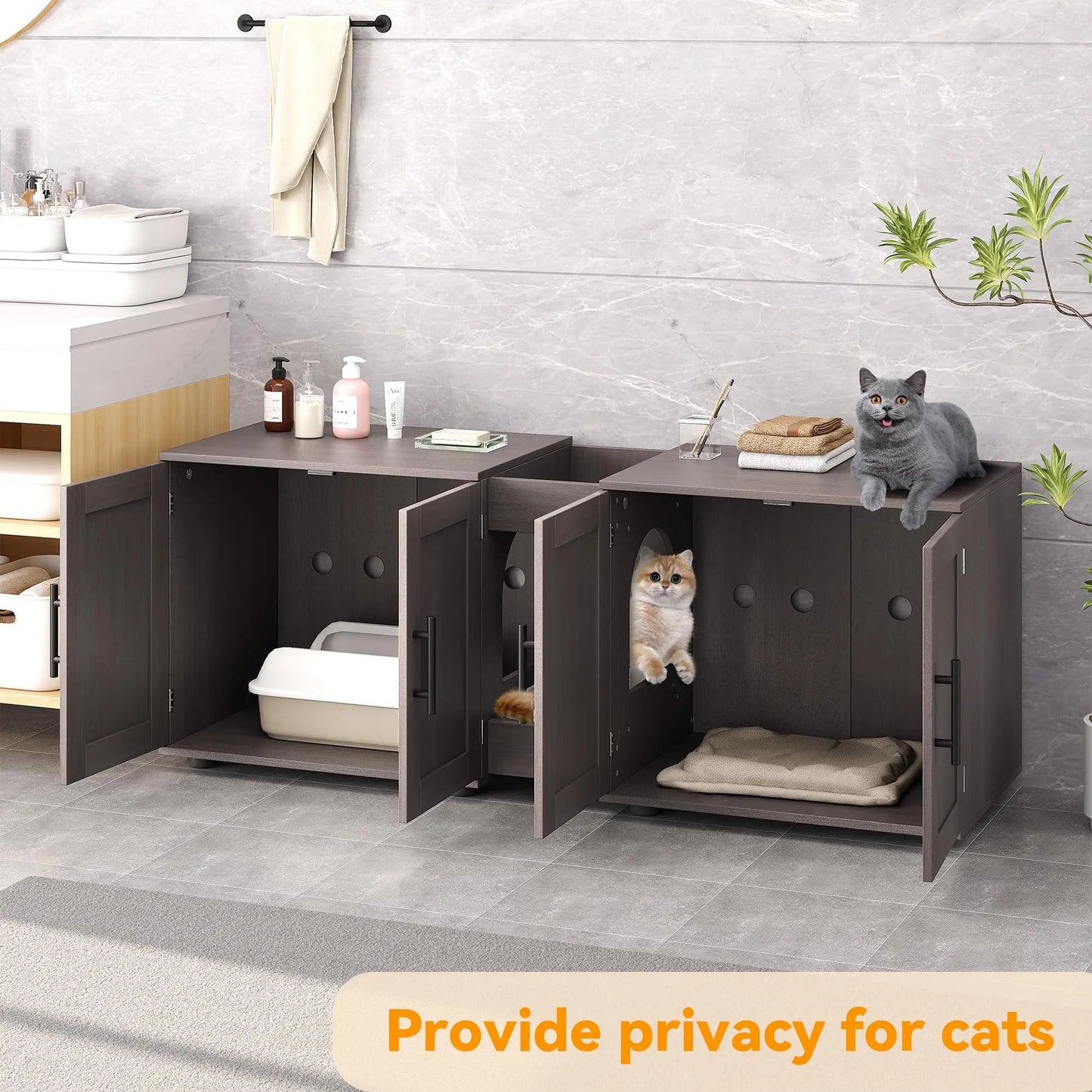 Litter Box Enclosure with Double Room, Cat Hidden Litter Box Enclosure Furniture for 2 Cats, Wooden Enclosed Cat Litter Box Furn