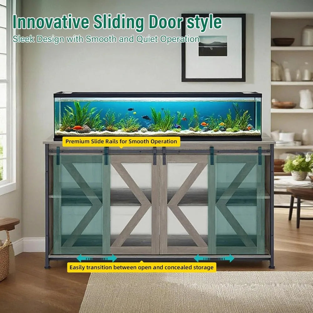 55-75 Gallon Fish Tank Stand, Aquarium Stand with Sliding Barn Door & Cabinet for Fish's Tank Accessories Storage, Heavy Duty