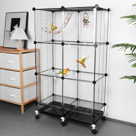 Bird Cage Universal Wheel Metal Parrot Cage with Stand Tray Swing Ladder (Black)