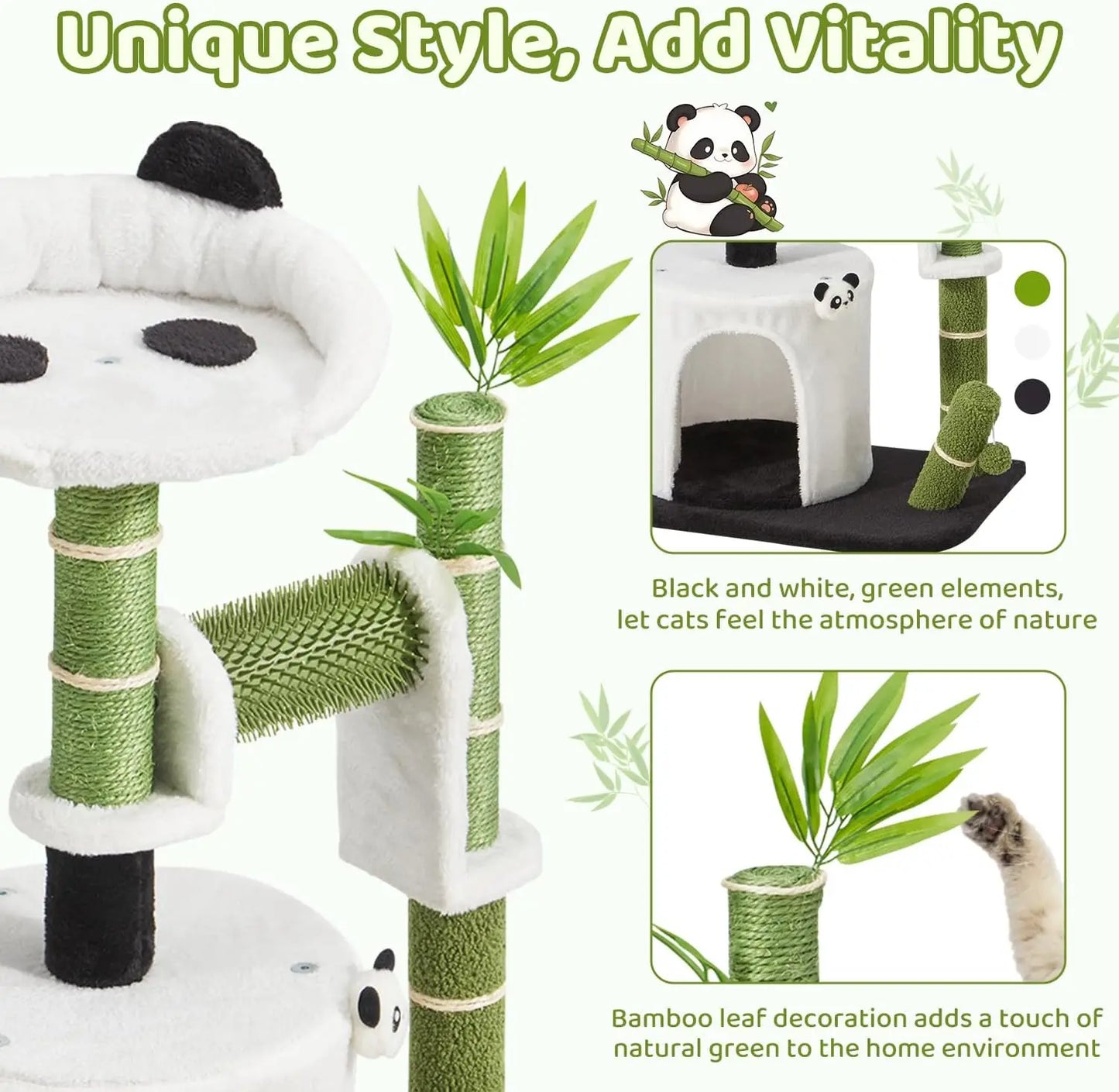 Panda Cat Tree, 30.7' Indoor Cat Tower with Self Groomer, Two-Layer Modern Cat Scratching Post Interactive Toy with Dangling