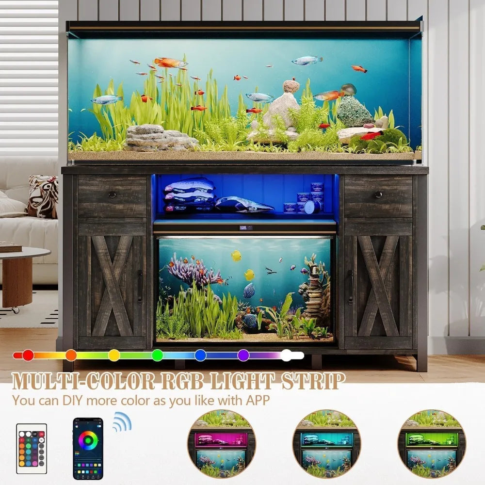 Gallon Fish Tank Stand with LED Light & Power Outlets, 55-75 Gallon Heavy Duty Metal Aquarium Stand with Drawers & Barn Doors