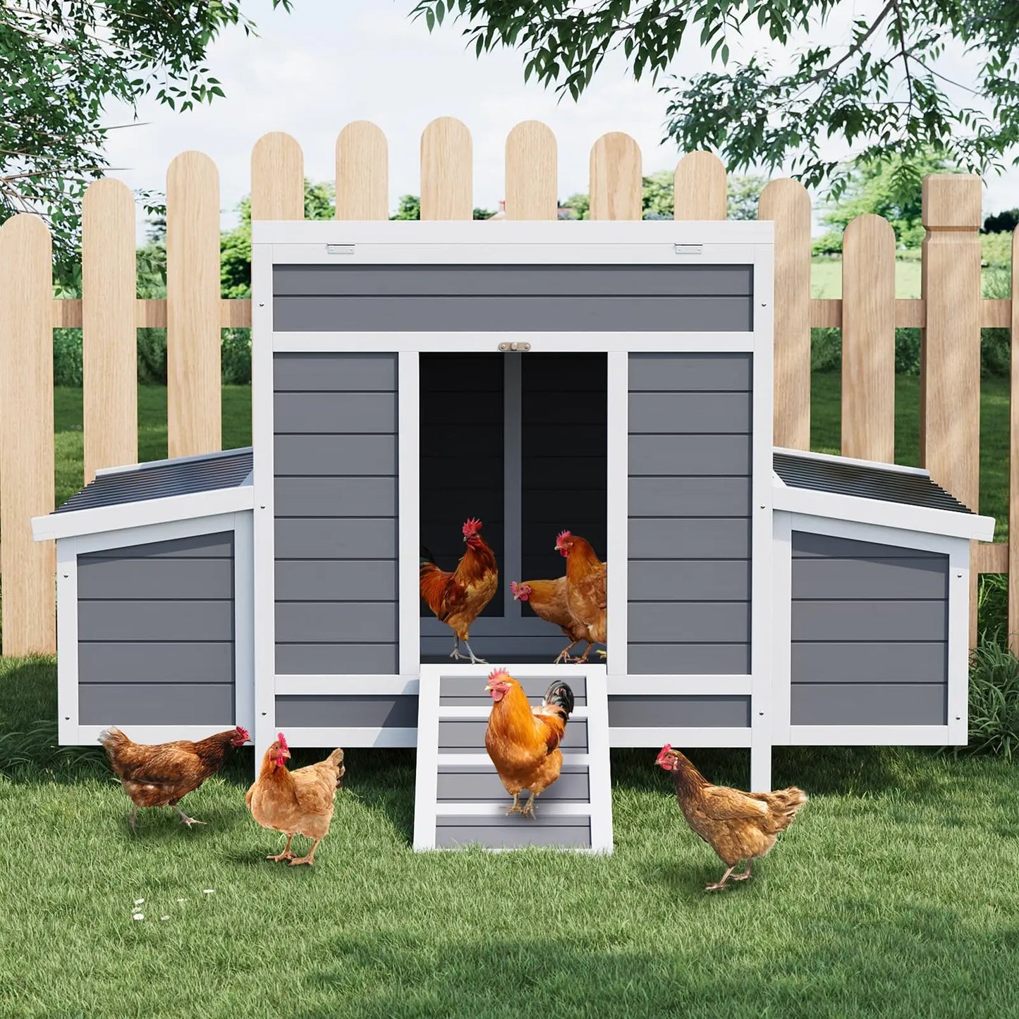 Large Wooden Chicken Coop For 4-6 Chickens 2 Nesting Boxes Pull-Out Tray & No-Slip Ramp Weatherproof Backyard Poultry Cage