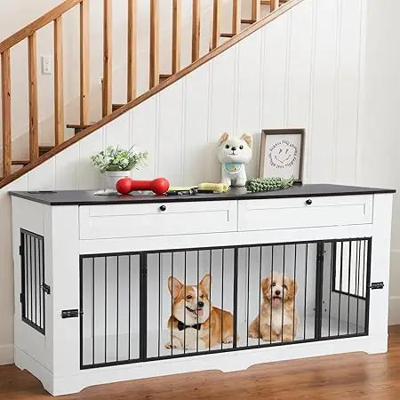 Large Dog Crate Furniture-Decorative Heavy Duty Dog Cage Indoor, Wooden Dog Cage End Table with Charging Station