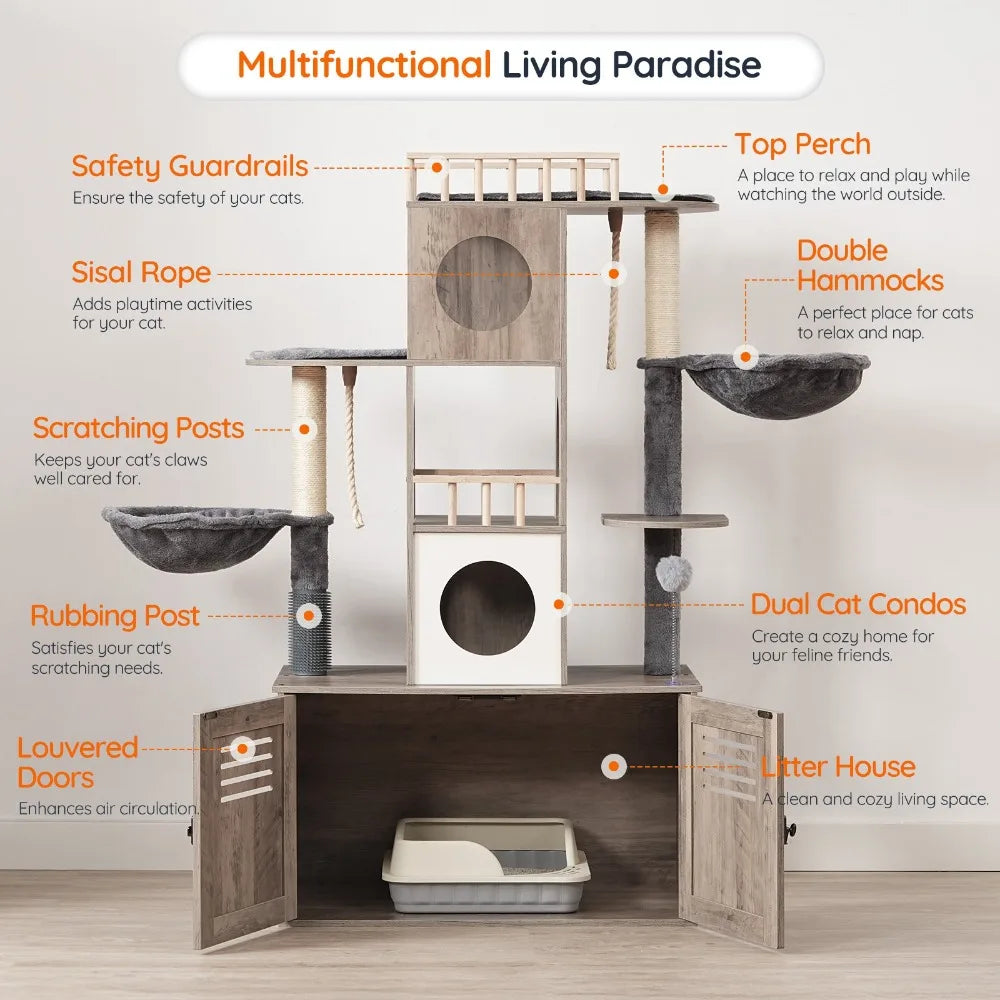 All-in-One Modern Cat Tower - 31.5" L x 17.7" W x 57" H Multi-Level Cat Furniture