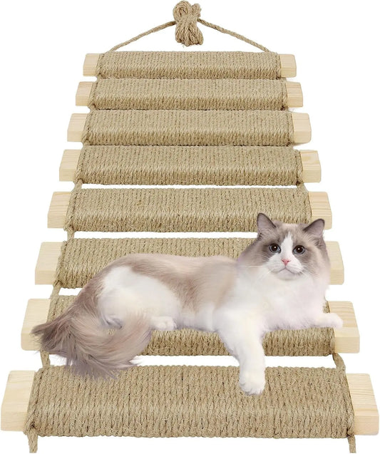 20in Cat Ladder & Bridge, Outdoor Cat Tree with Jute Rope, Multi-Level ClimFrame & Scratcher for Indoor/Outdoor Cats (Wood
