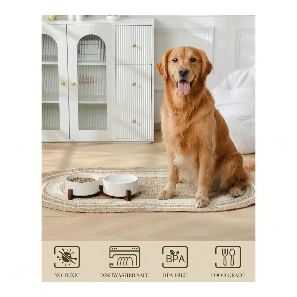 Dog Supplies Dogs Accessories Bowl Set With Walnut Wood Stand 6 Cups Ceramic Pet Bowls For Puppy Dogs Dual Food And Water Bowls