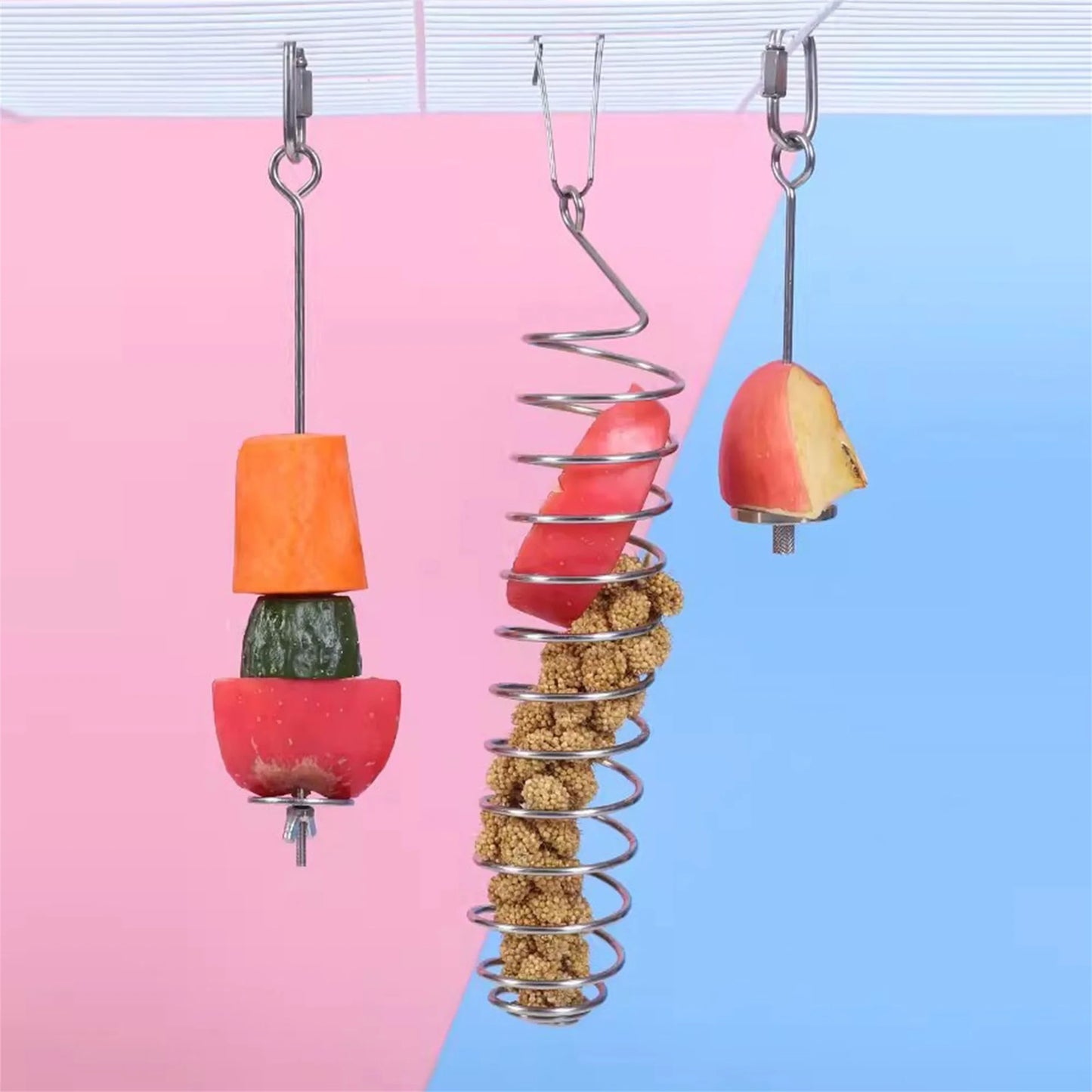 Stainless Steel Bird Feeder Hanging Parrot Fruit Vegetable Treat Skewer Basket Food Holder for Bird Cage Foraging Toy and