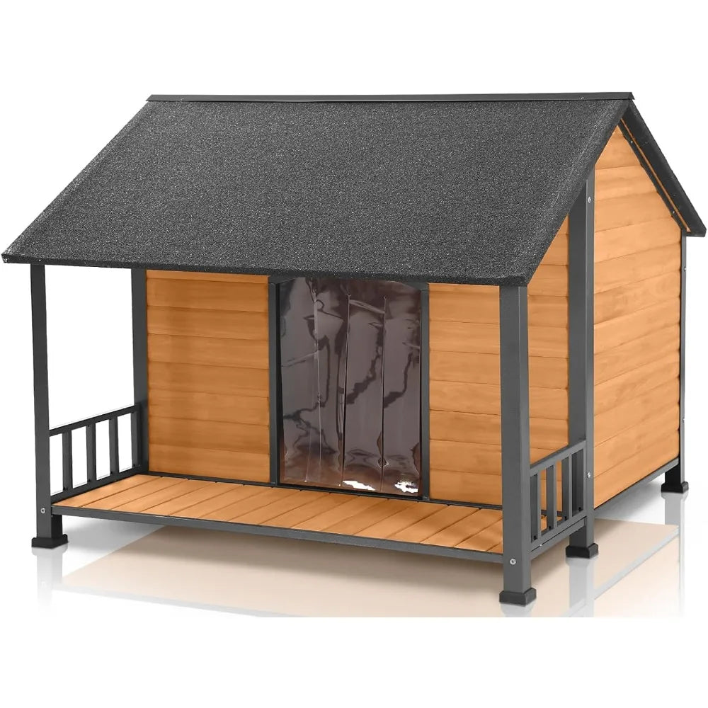 Outdoor Weatherproof Dog House, Easy to Assemble Puppy Shelter with All-Around Iron Frame & Fir Wood, Ideal for Large Dog Bree