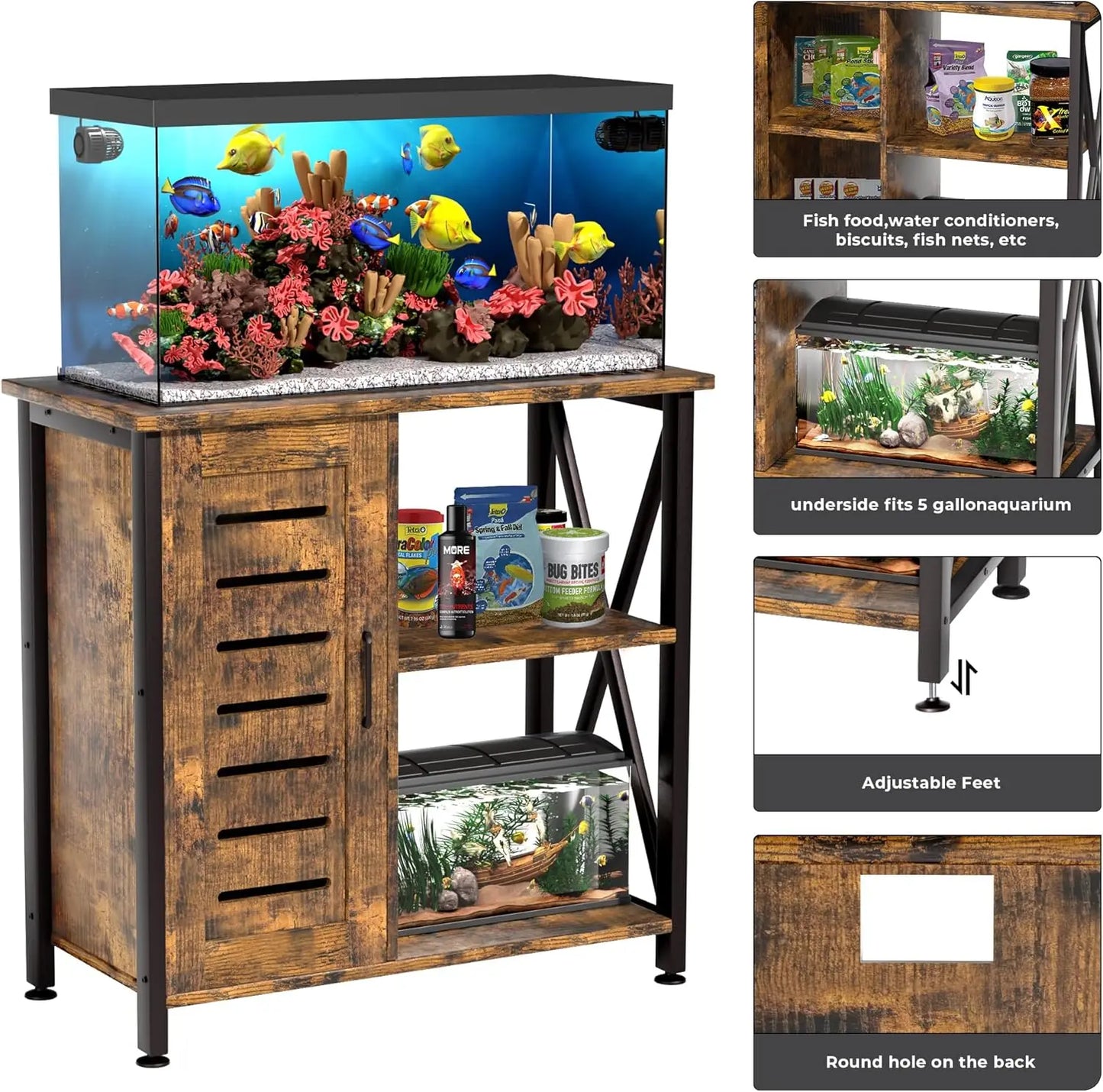 Heavy Duty Metal Fish Tank Stand for 20-29 Gallon Aquariums, Rustic Brown with Storage Cabinet, 330LBS Capacity
