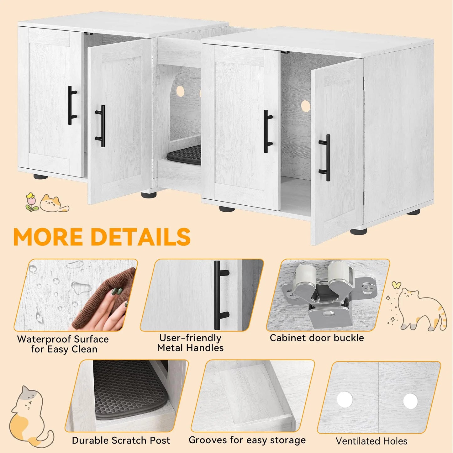 Litter Box Enclosure with Double Room, Cat Hidden Litter Box Enclosure Furniture for 2 Cats, Wooden Enclosed Cat Litter Box Furn