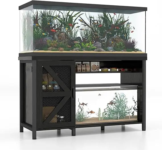 55-75 Gallon Aquarium Stand with Storage Cabinet, Fish Tank Stand with Power Outlets & LED Light, Wooden Turtle Tank 52 i