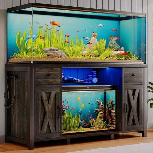 Gallon Fish Tank Stand with LED Light & Power Outlets, 55-75 Gallon Heavy Duty Metal Aquarium Stand with Drawers & Barn Doors