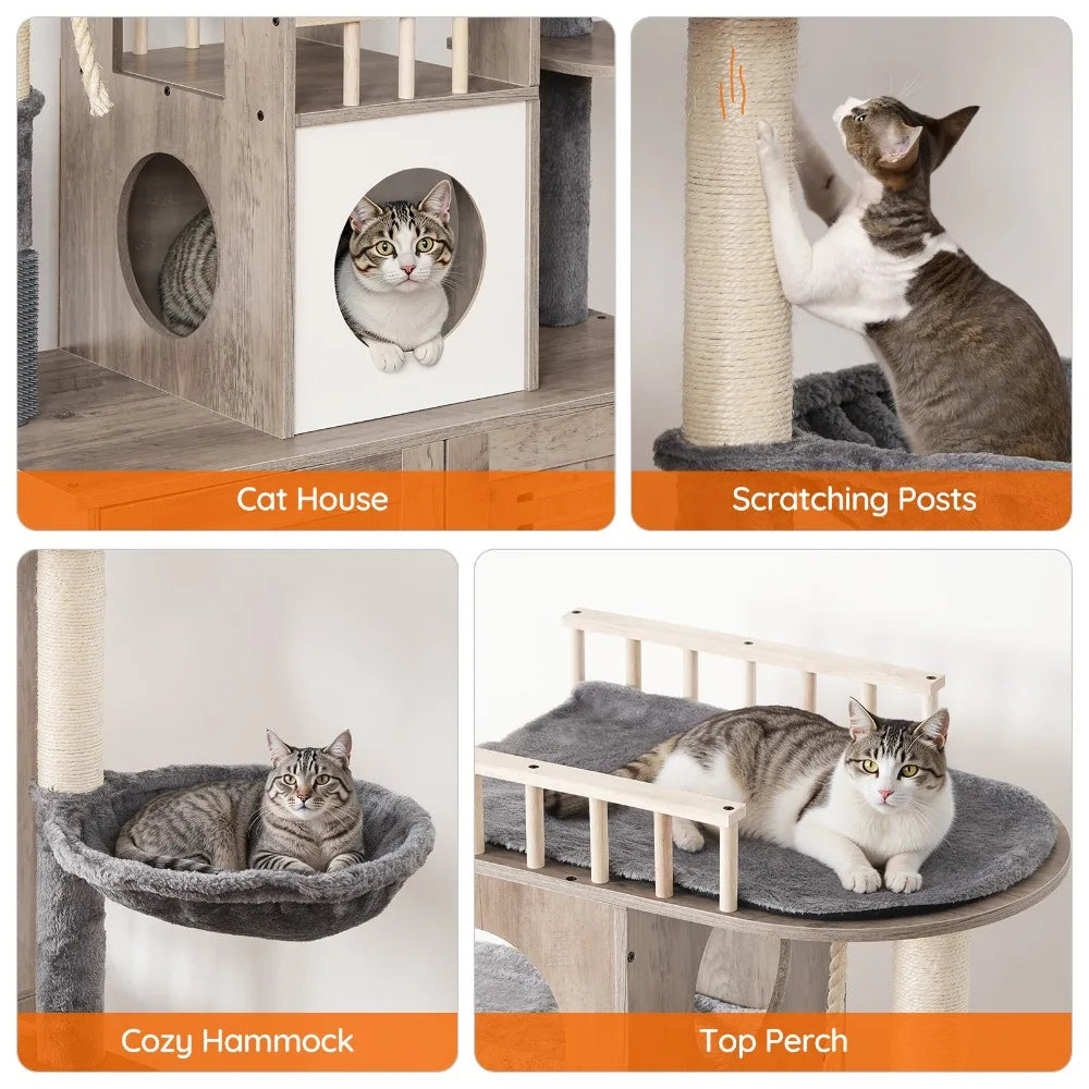 All-in-One Modern Cat Tower - 31.5" L x 17.7" W x 57" H Multi-Level Cat Furniture