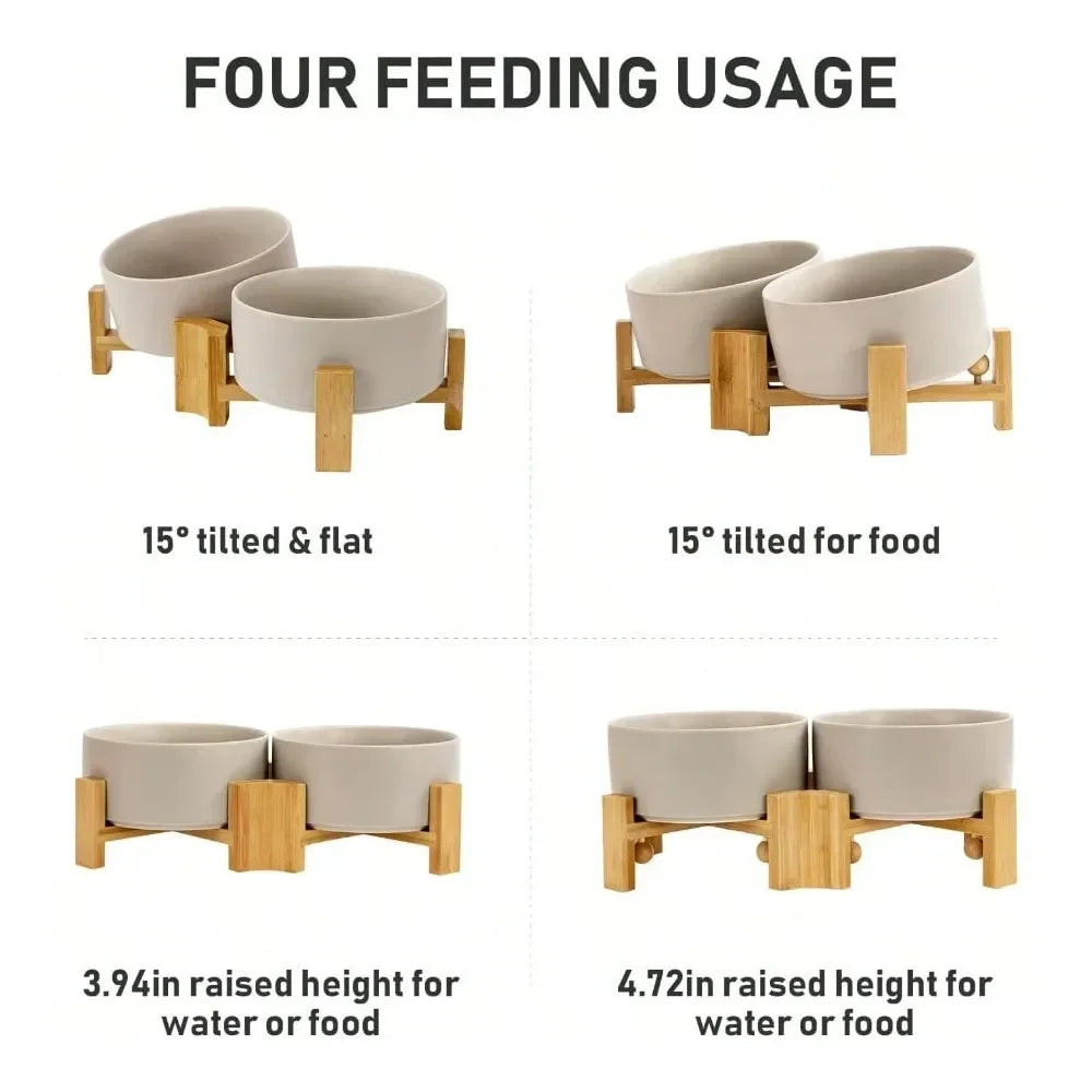 Dog Supplies Dogs Accessories Slanted Ceramic Dog And Cat Bowl With Wooden Stand Tilted Bulldog Food And Water Bowl No Slip NonS