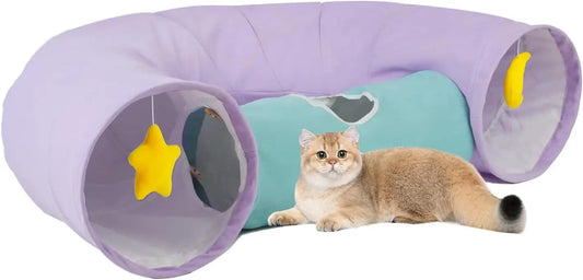 Large Durable Collapsible Cat Tunnel with Peek-A-Boo Hole, Hanging Toys & Crinkly Paper - Purple