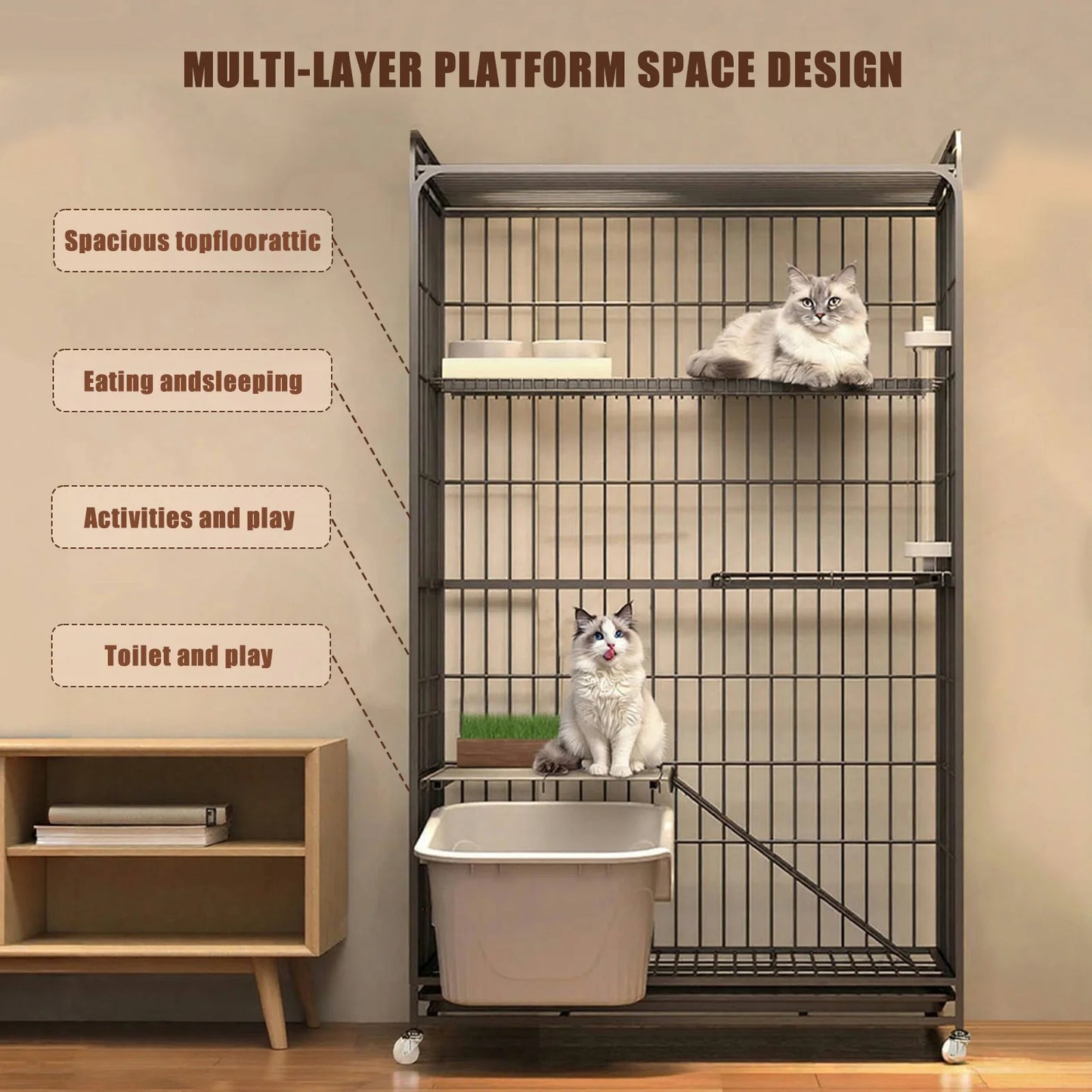 4-Tier Cat Cage Collapsible Cat Playpen with Wheels Cat Crate Metal Kennel for Indoor Cats Kitten