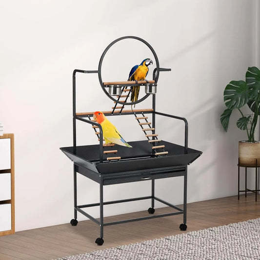 66" Extra Tall Bird Play Stand With Lockable Wheels, Heavy-Duty Metal Activity Center For Parrots Conures Cockatiels
