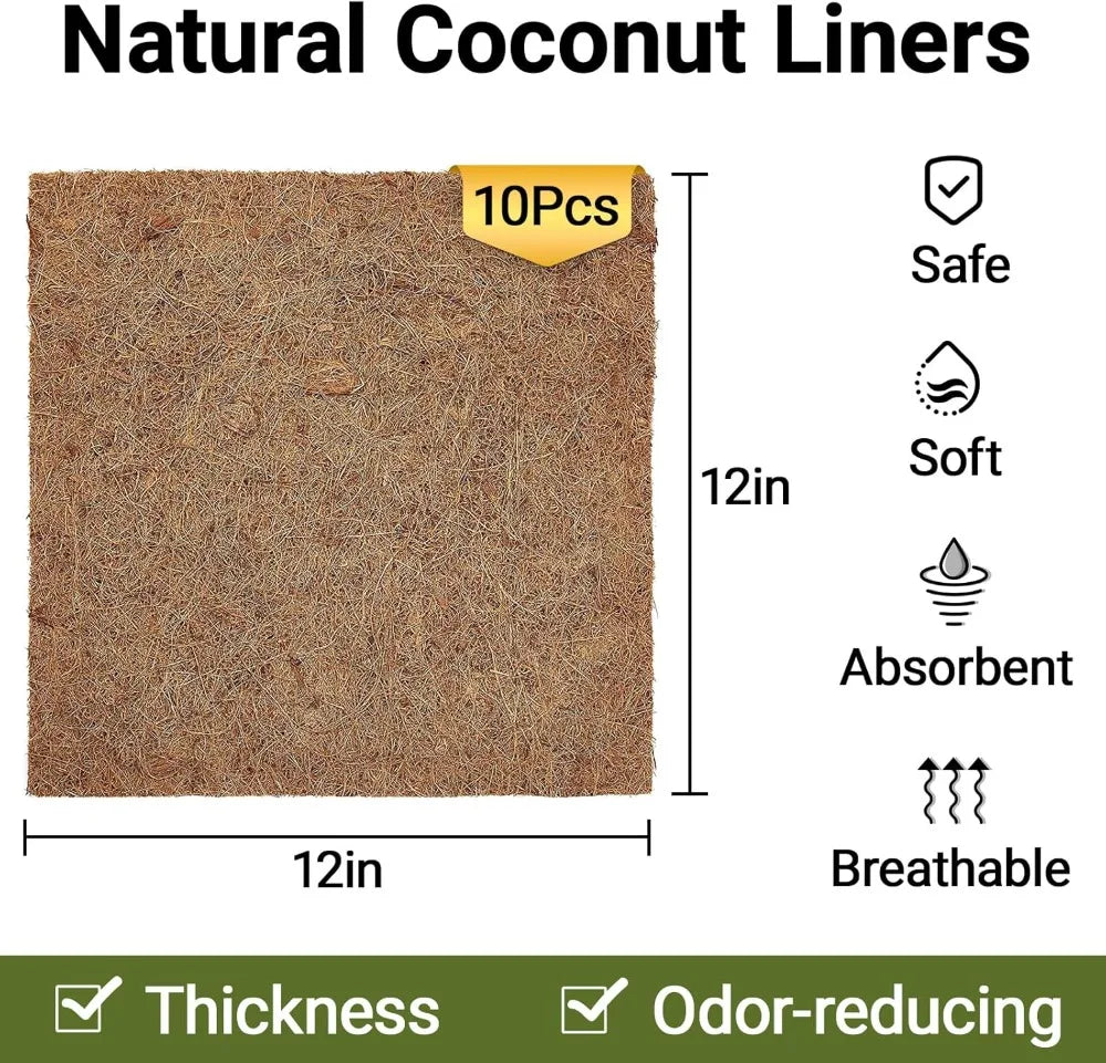 10 Pcs Natural Coconut Fiber Reptile Carpet, 12x12 inch Terrarium Liner Mat for Bearded Dragon, Lizard, Snake, Turtle, Gecko Substrate Bedding