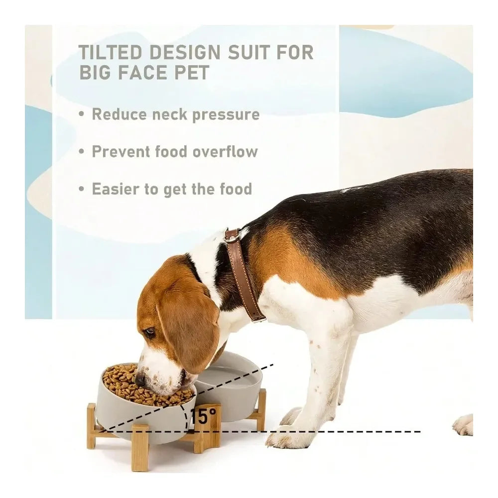 Dog Supplies Dogs Accessories Slanted Ceramic Dog And Cat Bowl With Wooden Stand Tilted Bulldog Food And Water Bowl No Slip NonS