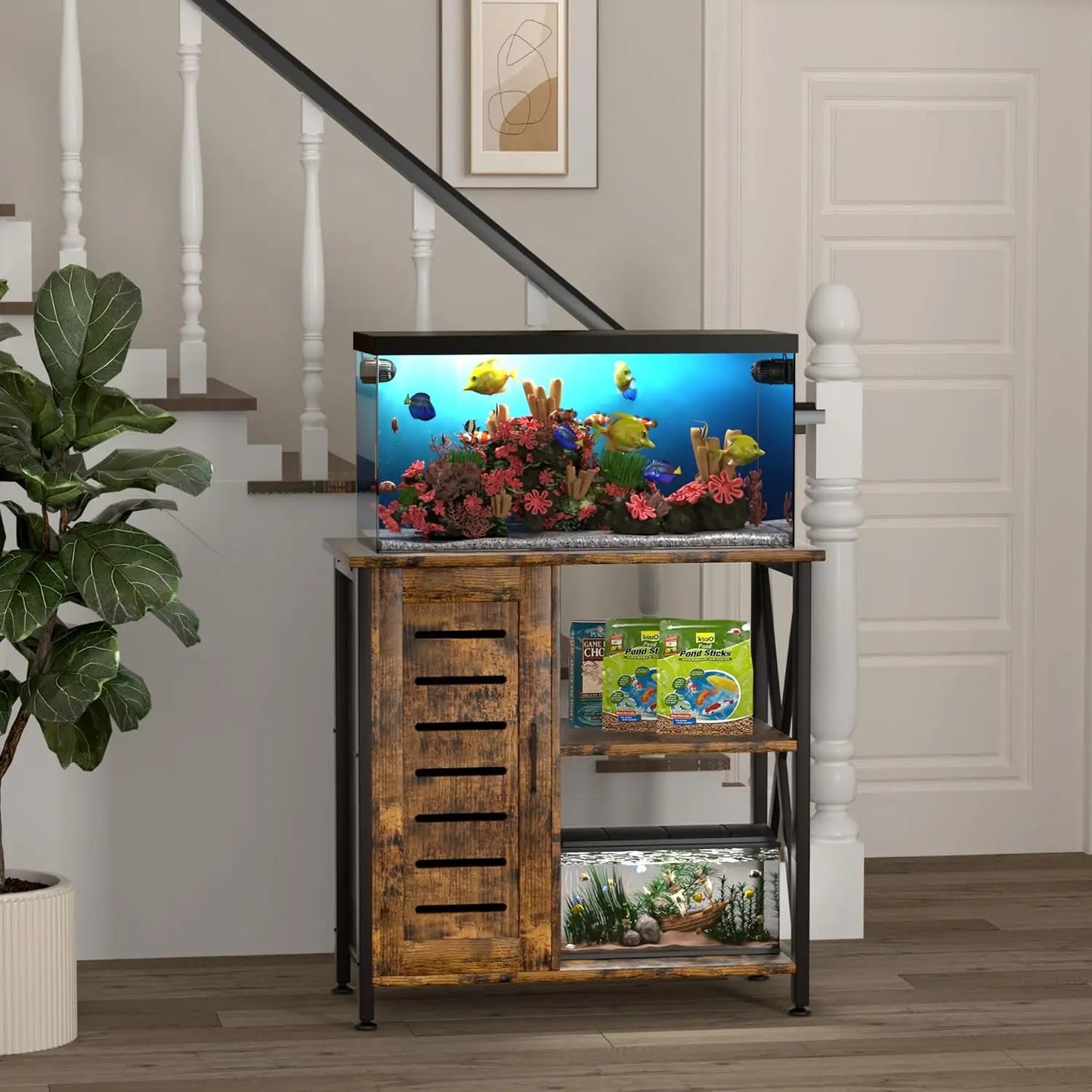 Heavy Duty Metal Fish Tank Stand for 20-29 Gallon Aquariums, Rustic Brown with Storage Cabinet, 330LBS Capacity