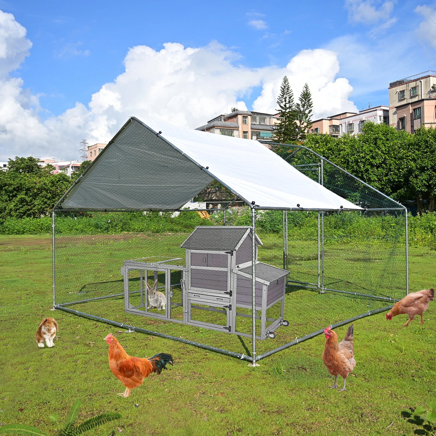 Teousev 10x 10 Ft Metal Chicken Coop Chicken Run Backyard Hen House Poultry Habitat Cage