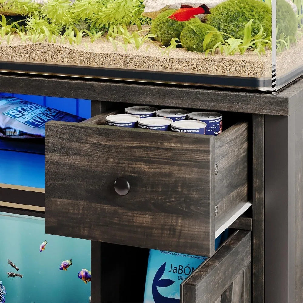 Gallon Fish Tank Stand with LED Light & Power Outlets, 55-75 Gallon Heavy Duty Metal Aquarium Stand with Drawers & Barn Doors