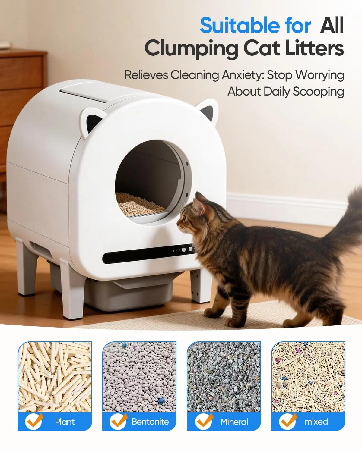 Automatic Litter Box, 68L Self-Cleaning Cat Litter Box Large Capacity for Multiple Cats, App Control, Dual Safety, Custom