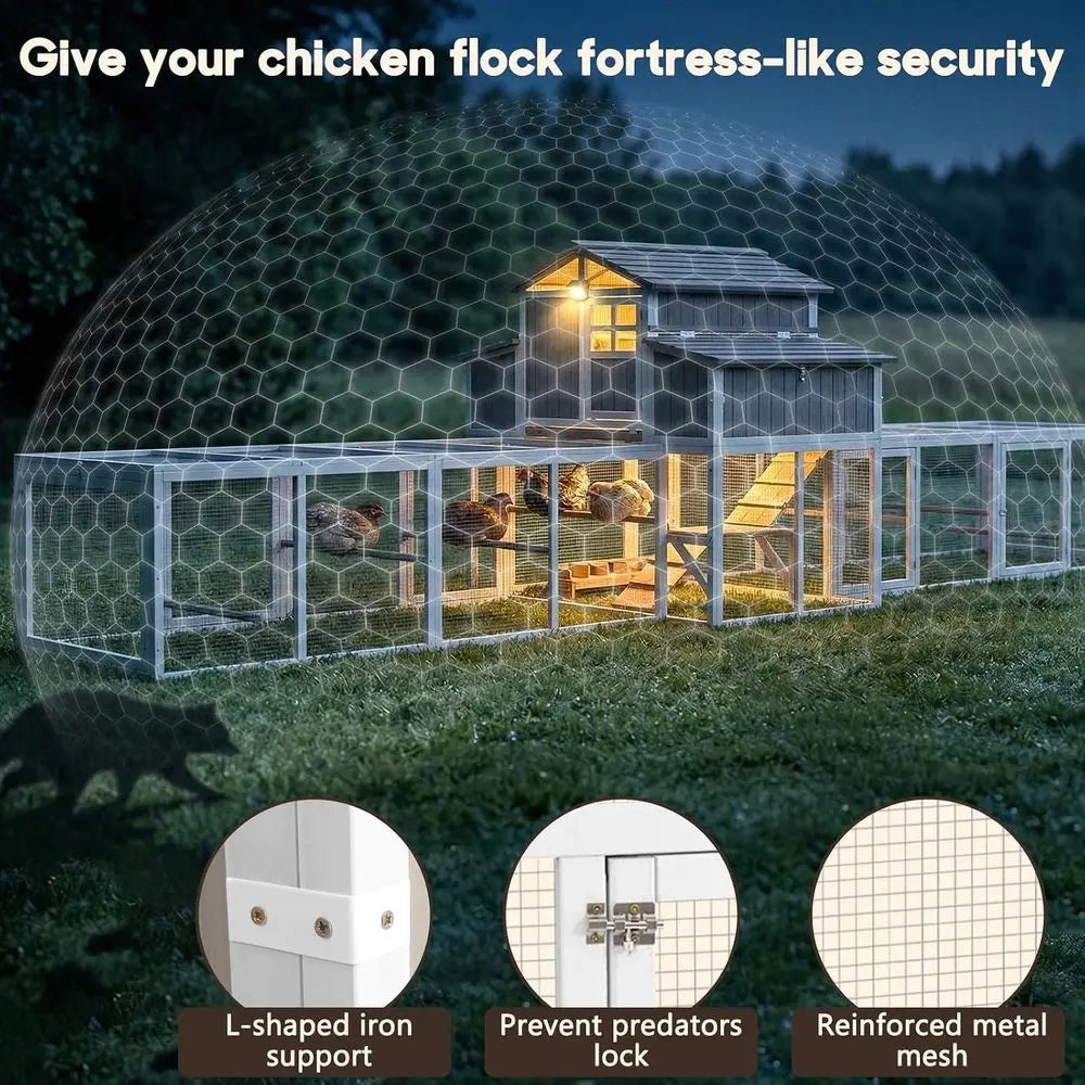 Extra Large Wooden Chicken Coop with Dual Runs or 6–10 Chickens, 2-Tier Elevated Hen House with Nesting Boxes, Expandable Conted