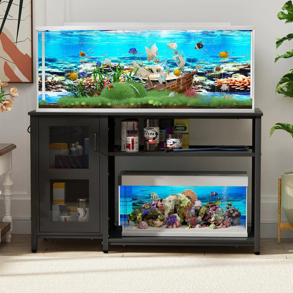 55-75 Gallon Fish Tank Stand, Aquarium Stand with Cabinet & Power Outlets for Fish Tank Accessories Storage, Heavy Duty Metal