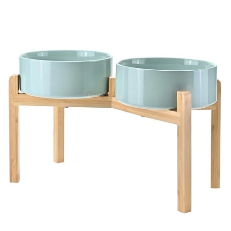 Elevated Dog Bowls Ceramic, 6.1'' Dogs and Cat Food Water Bowls Raised with Non-Slip Bamboo Stand for Medium Sized Breed Microw
