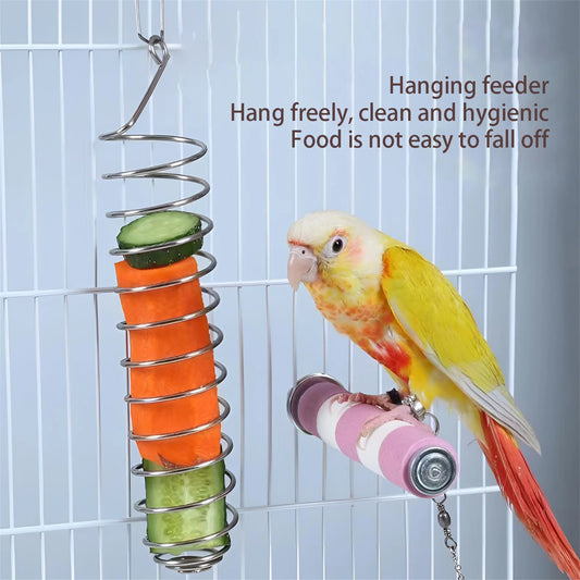 Stainless Steel Bird Feeder Hanging Parrot Fruit Vegetable Treat Skewer Basket Food Holder for Bird Cage Foraging Toy and