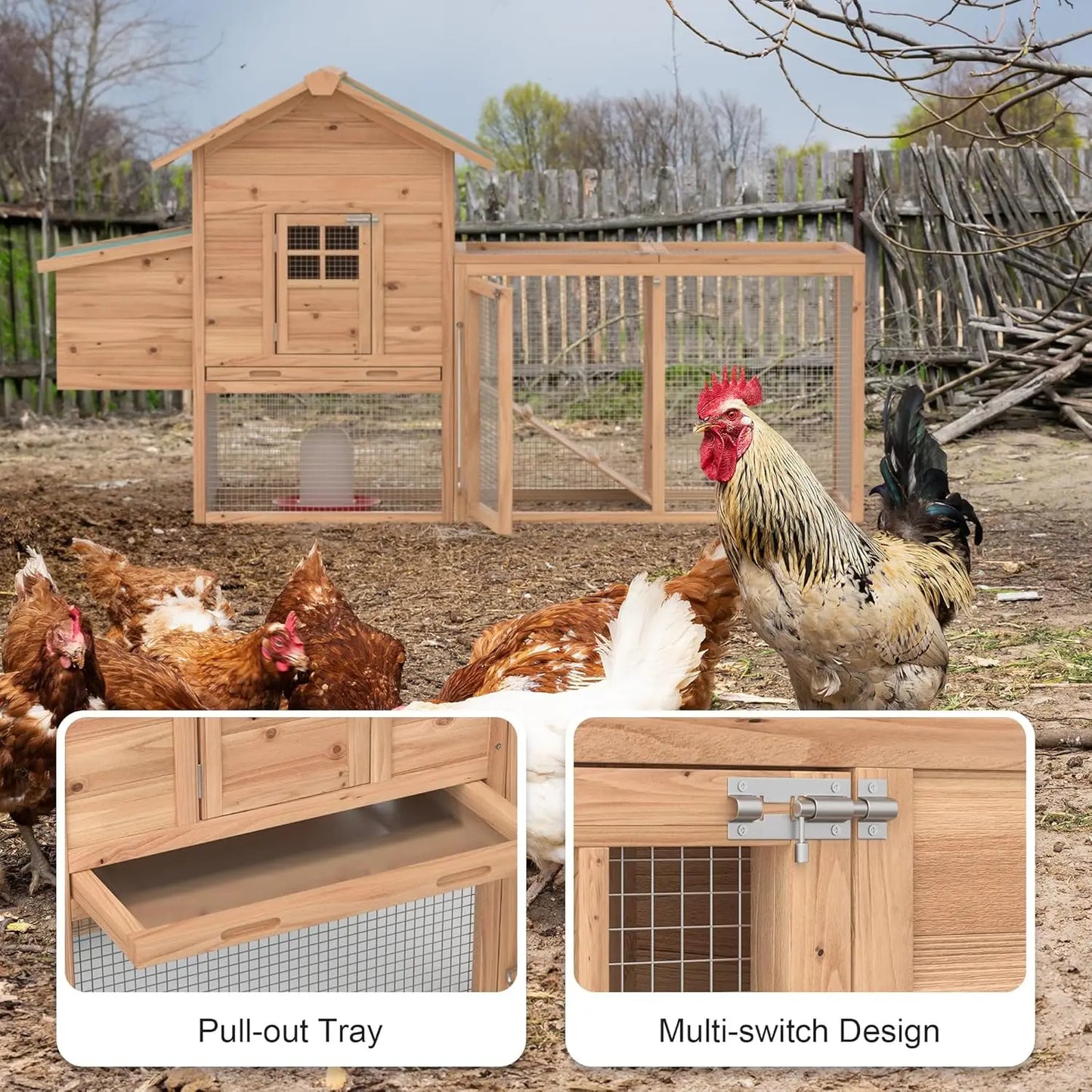 Outdoor Chicken Coop for 2-4 Chickens Wooden Hen House Poultry Pet Hutch Run Cage w/Waterproof Asphalt Roof, Ramp,, Customized