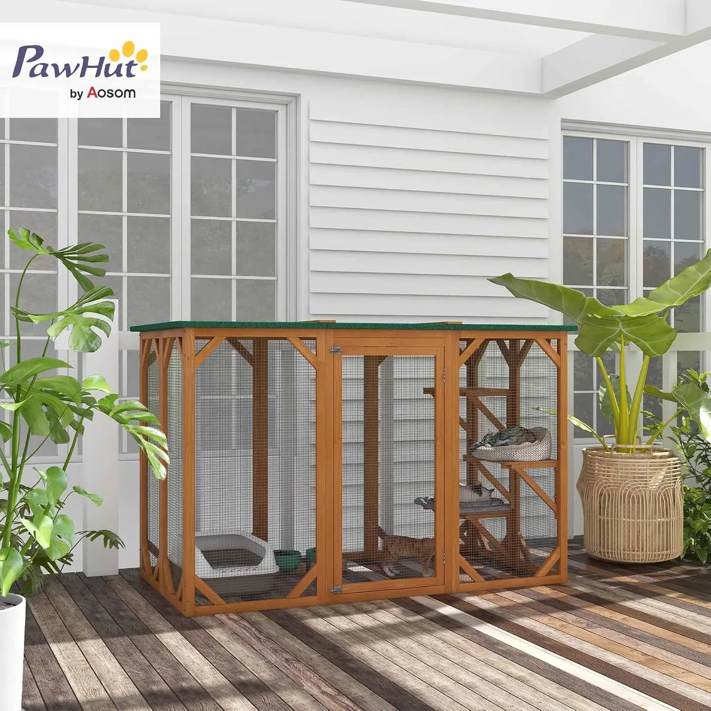 Outdoor Cat House, Catio Wooden Feral Cat Shelter, Cat Cage with Platforms, Large Enter Door, Weather Protection, Custom