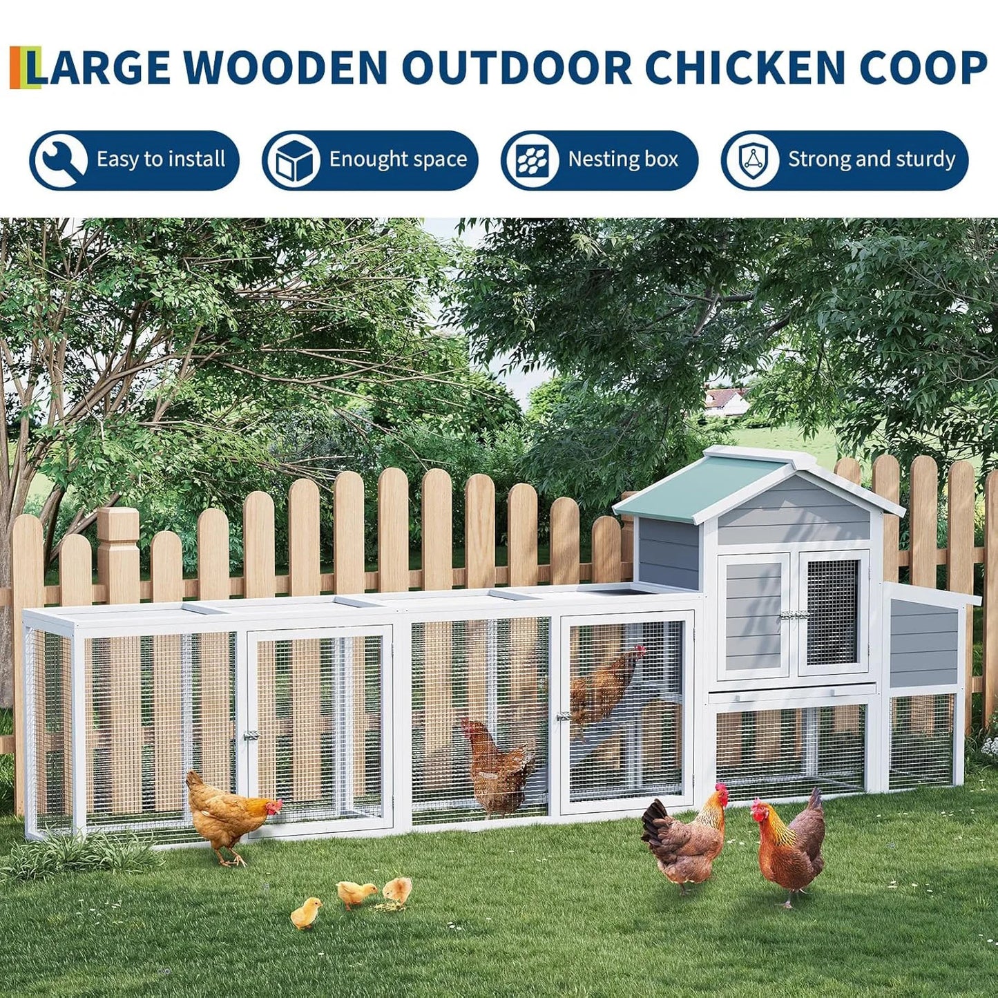 122'' Weatherproof Large Wooden Chicken Coop Outdoor Multi-Pet Hen House For 3-6 Chickens Ducks Rabbits Poultry Cage With Run