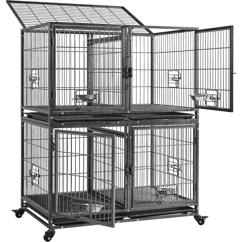 42'' Stackable Dog Crate w/Divider Heavy Duty Dog Cage with Open Top/2 Removable Trays Rolling Pet Cage