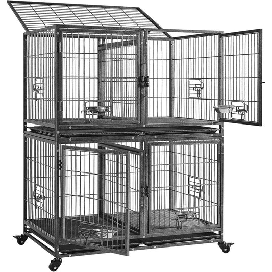 42'' Stackable Dog Crate w/Divider Heavy Duty Dog Cage with Open Top/2 Removable Trays Rolling Pet Cage