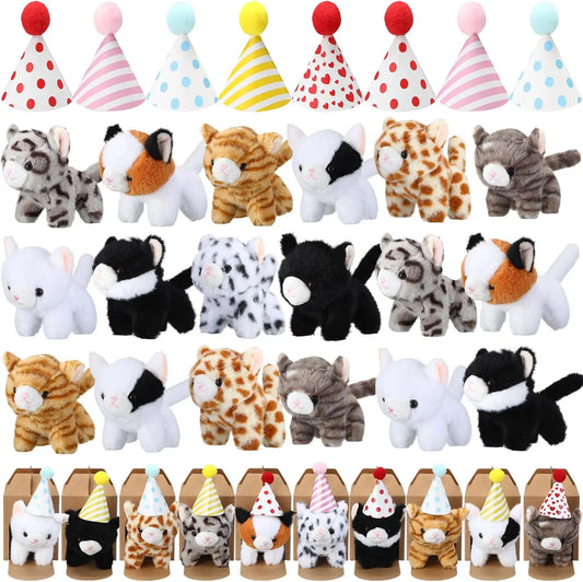 20 Mini Plush Cat Toys with Birthday Hats and Paper Houses for Adoption Events and Parties