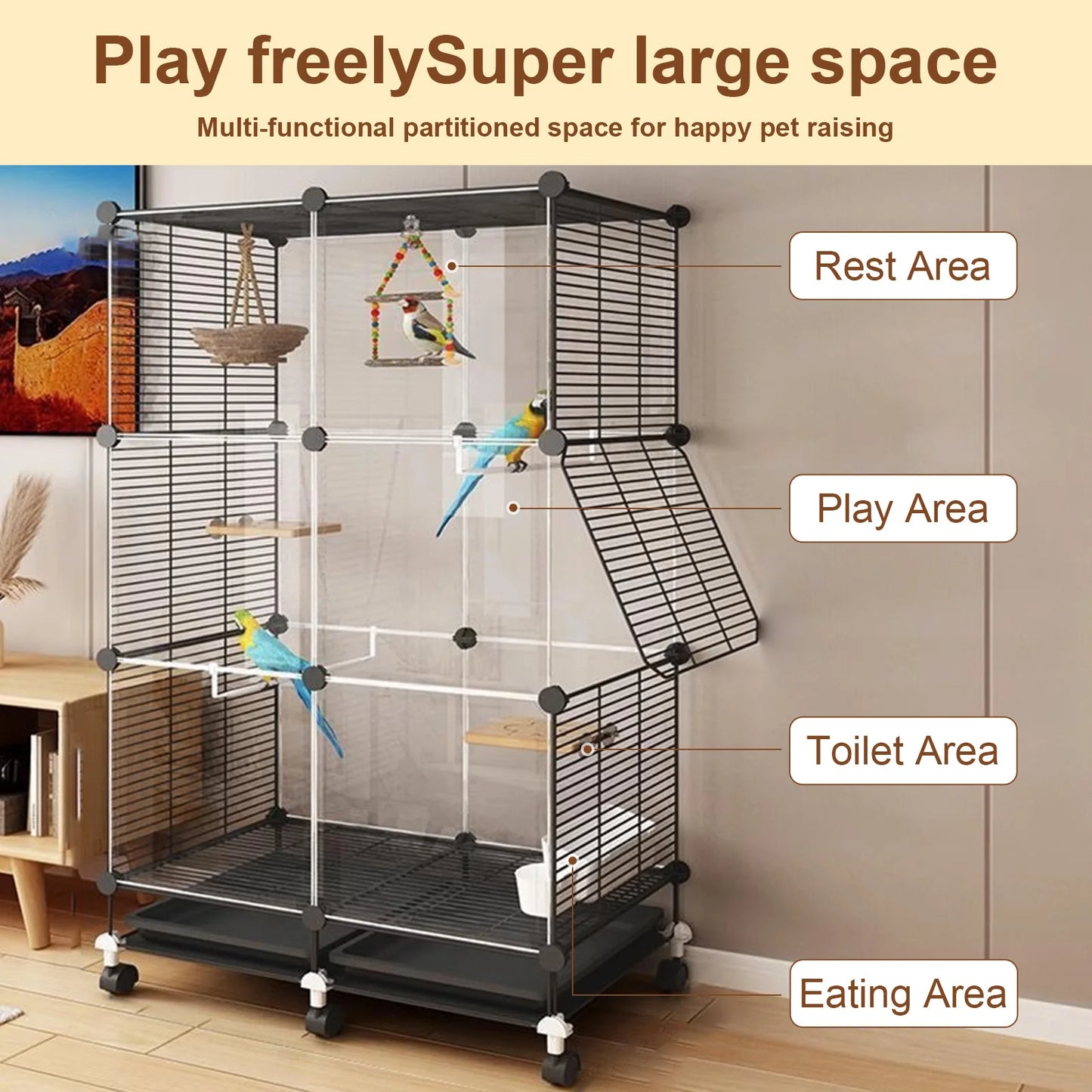 Bird Cage Universal Wheel Metal Parrot Cage with Stand Tray Swing Ladder (Black)