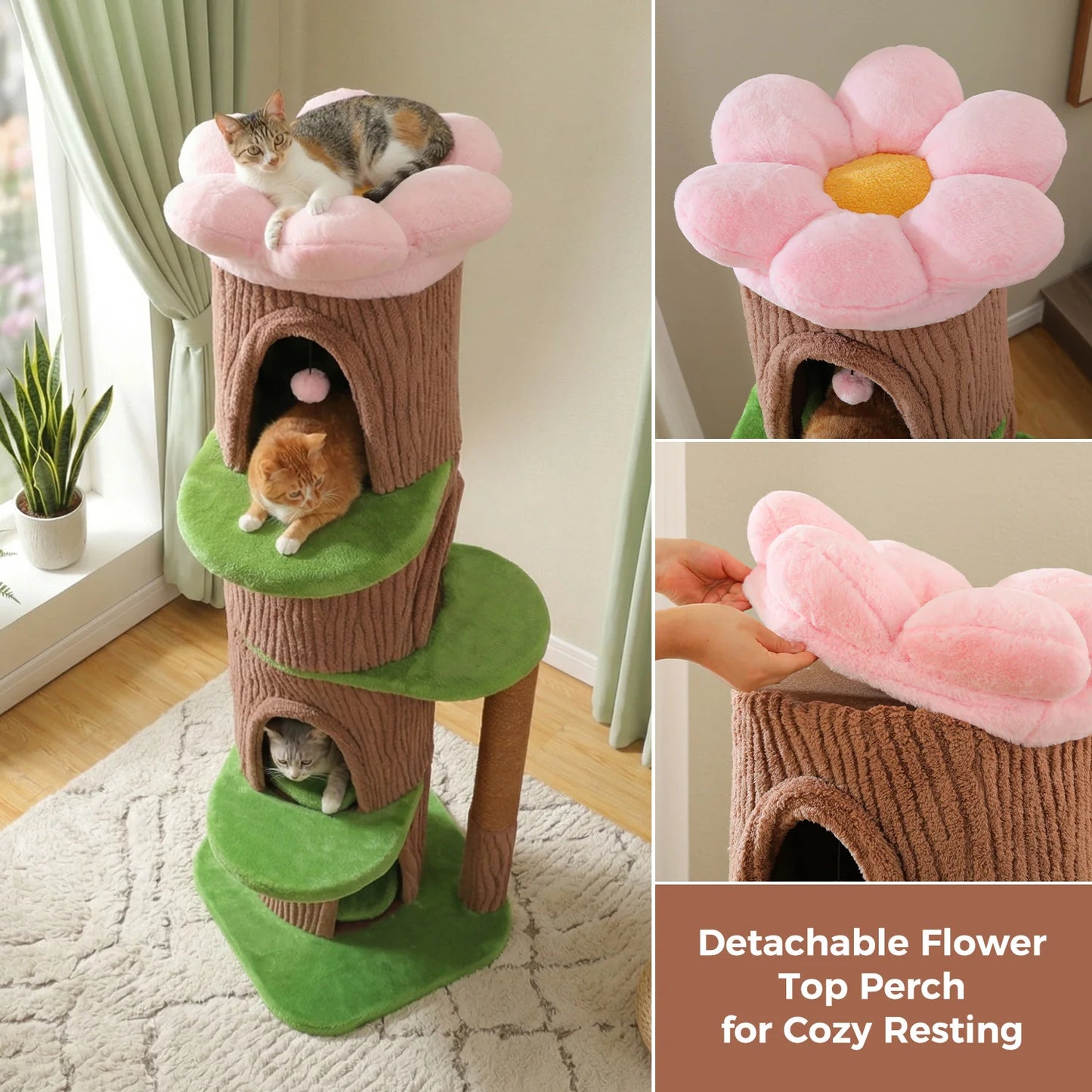 Large Cat Tree with 4 Spacious Condos Thick Scratching Post Flower Top Bed Tall Cat Tower for Indoor Luxury Cat House Bed Toys