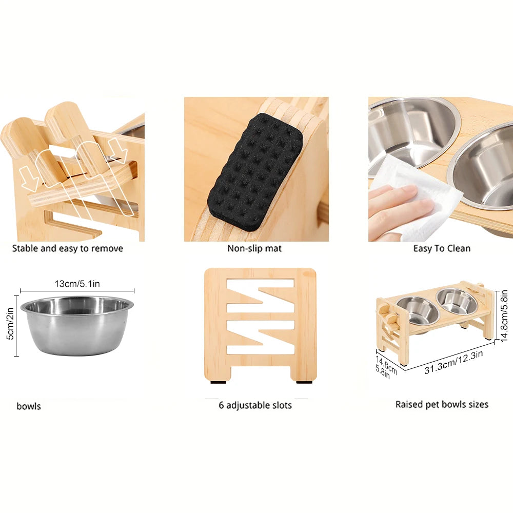 Adjustable wooden raised dog bowl stand with 2 stainless steel bowls for small dogs and cats, sturdy wooden pet food feeder