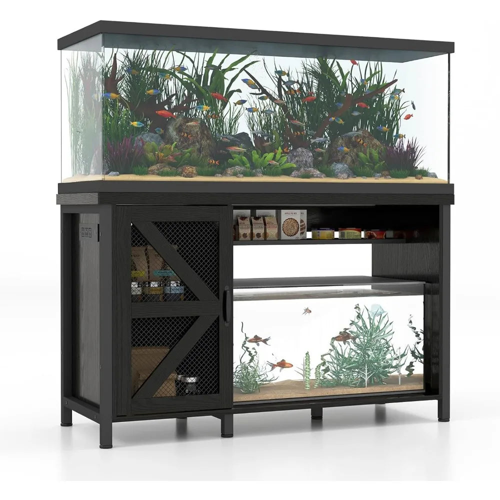 55-75 Gallon Aquarium Stand with Storage Cabinet, Fish Tank Stand with Power Outlets & LED Light, Wooden Turtle Tank 52 i