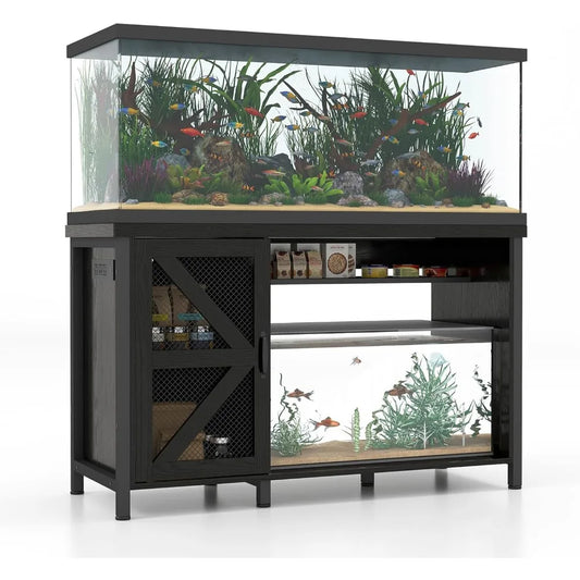 55-75 Gallon Aquarium Stand with Storage Cabinet, Fish Tank Stand with Power Outlets & LED Light, Wooden Turtle Tank 52 i