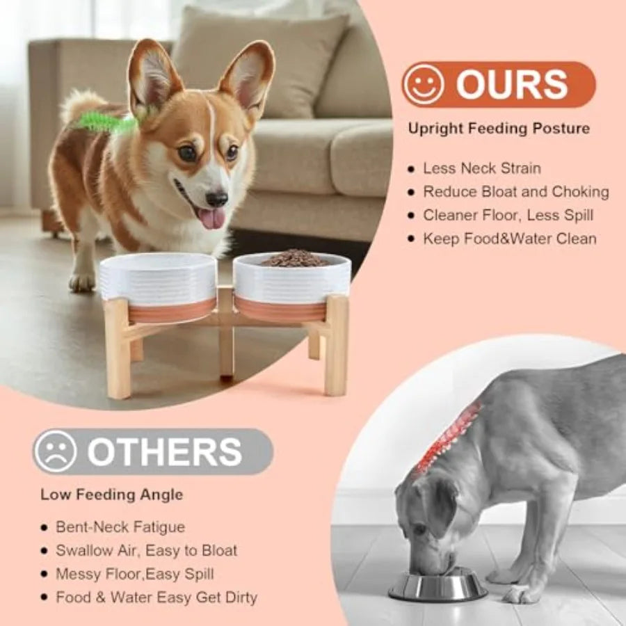 Elevated Dog Bowls Ceramic, 6.1'' Dogs and Cat Food Water Bowls Raised with Non-Slip Bamboo Stand for Medium Sized Breed Microw