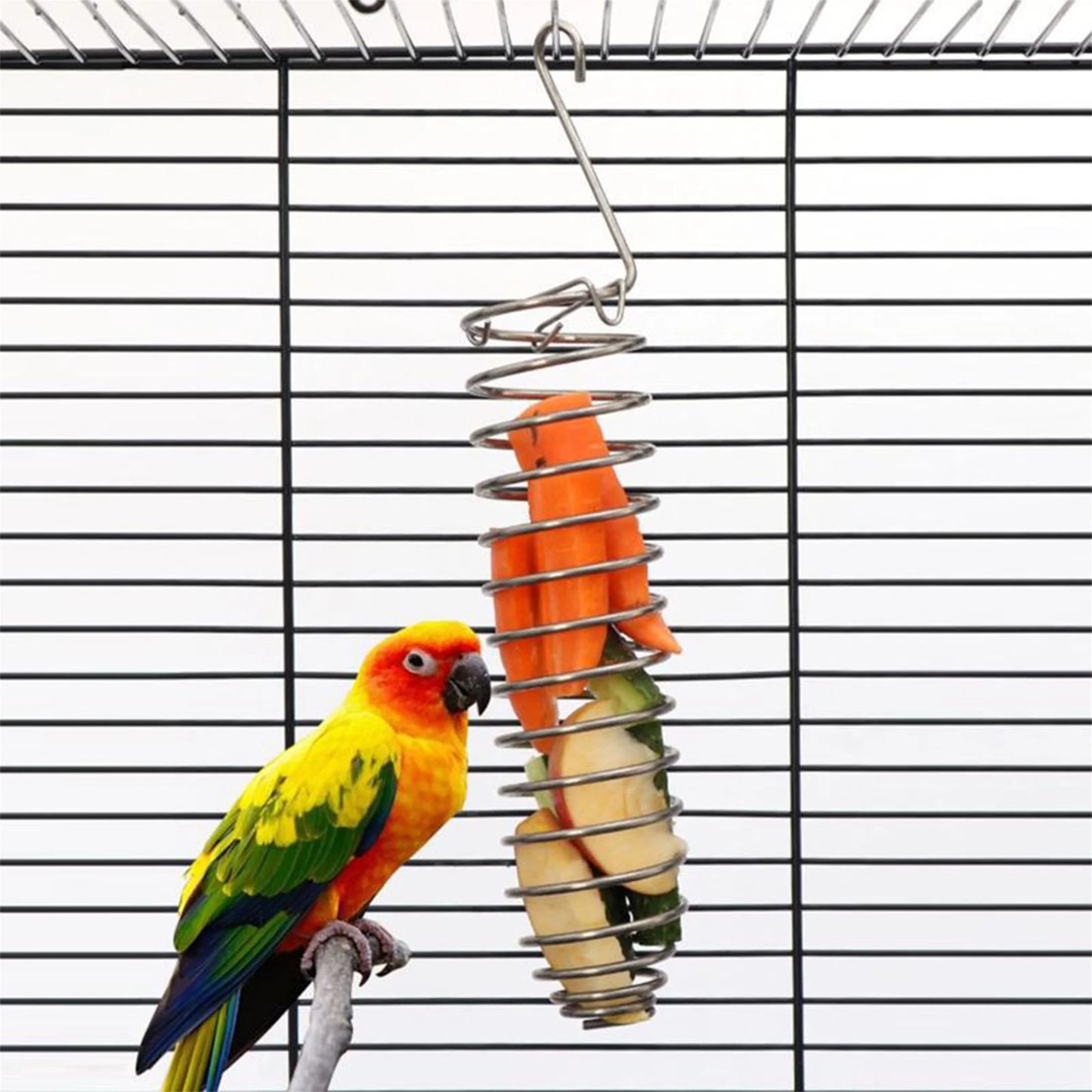 Stainless Steel Bird Feeder Hanging Parrot Fruit Vegetable Treat Skewer Basket Food Holder for Bird Cage Foraging Toy and