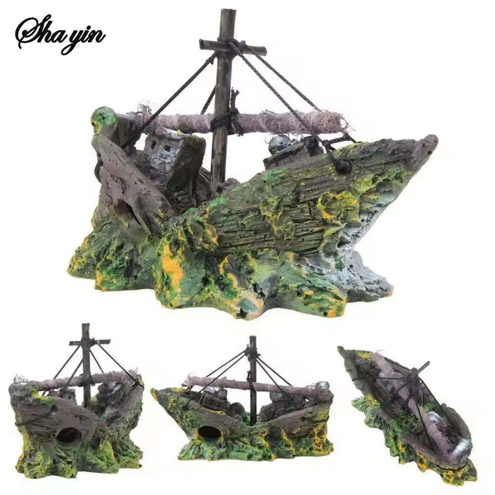 Random Style Fish Tank Shipwreck Pirate Ship Ornament Simulation Underwater World Fish Tank Landscape Ornament Resin Decoration