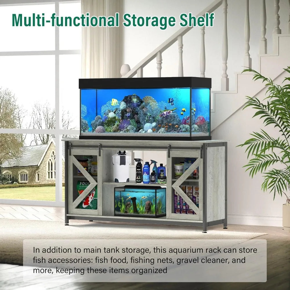55-75 Gallon Fish Tank Stand, Aquarium Stand with Sliding Barn Door & Cabinet for Fish's Tank Accessories Storage, Heavy Duty