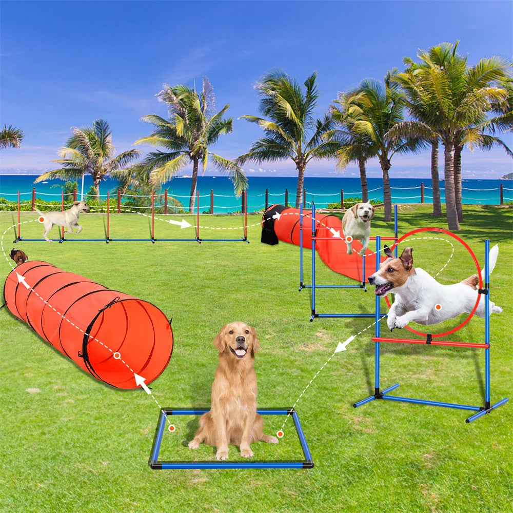 Dog Agility Training Equipment 7 PCS Set Upgrade W Hurdles 2 Tunnels Ring