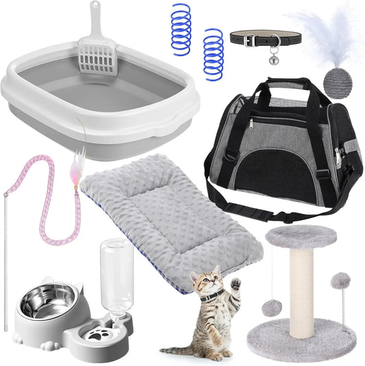 Kitten Starter Kit, 10 Pcs Cat Starter Kit for Indoor Cats Kitten Essentials Includes Litter Box, Pet Toy, Folding Carrier