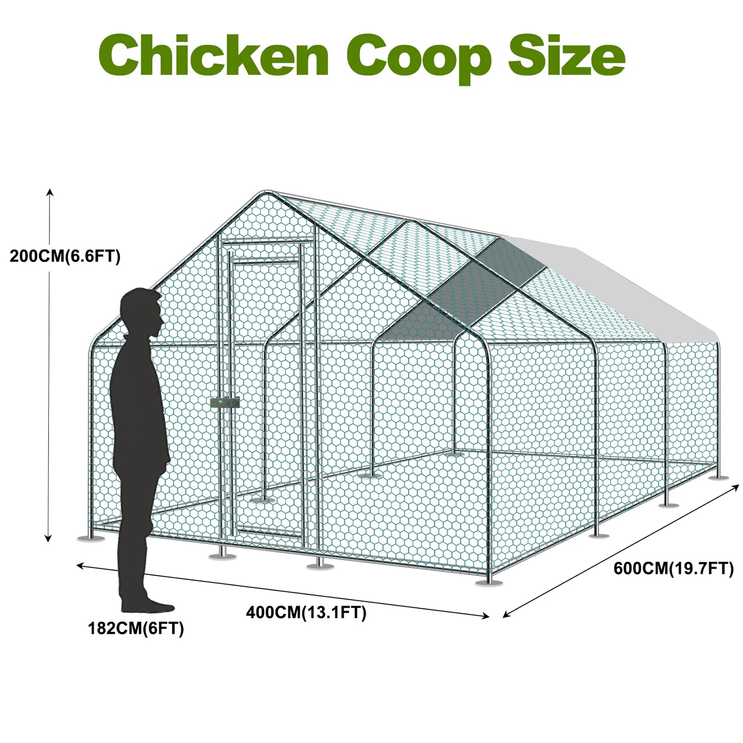 Teousev 10/13/20ft Large Metal Chicken Coop Walk-In Run with Peaked Roof, Outdoor Poultry Cage Hen House for Farm Backyard