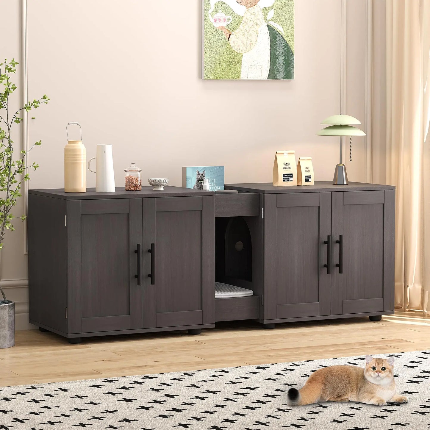 Litter Box Enclosure with Double Room, Cat Hidden Litter Box Enclosure Furniture for 2 Cats, Wooden Enclosed Cat Litter Box Furn